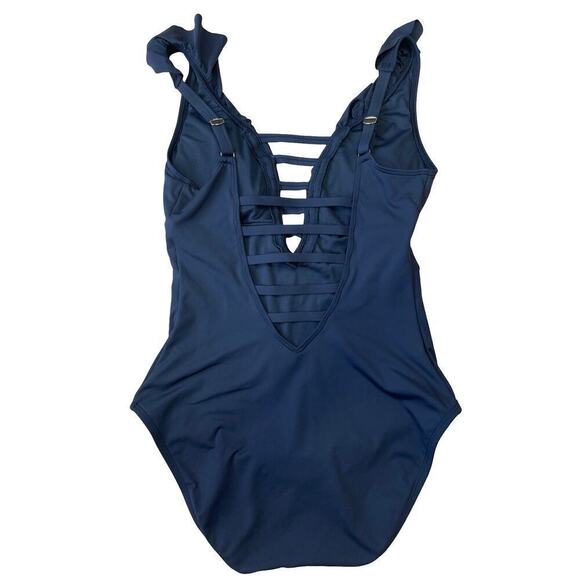 Bleu Rod Beattie Ruffle Strap One Piece Black Swimsuit w/ Strappy Back - Size 4 - Picture 4 of 11